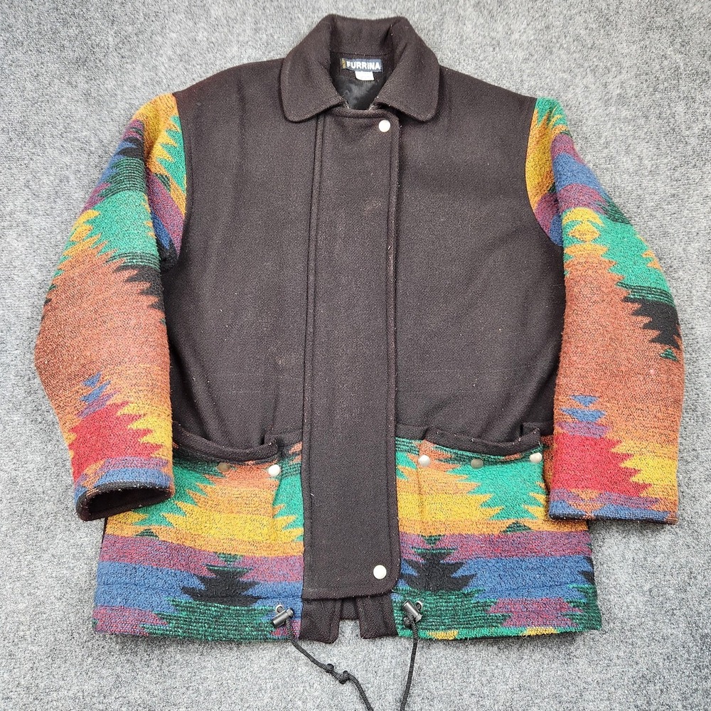 Vintage Furrina Jacket‎ Mens Small Black Wool Blend Southwestern Aztec Pockets